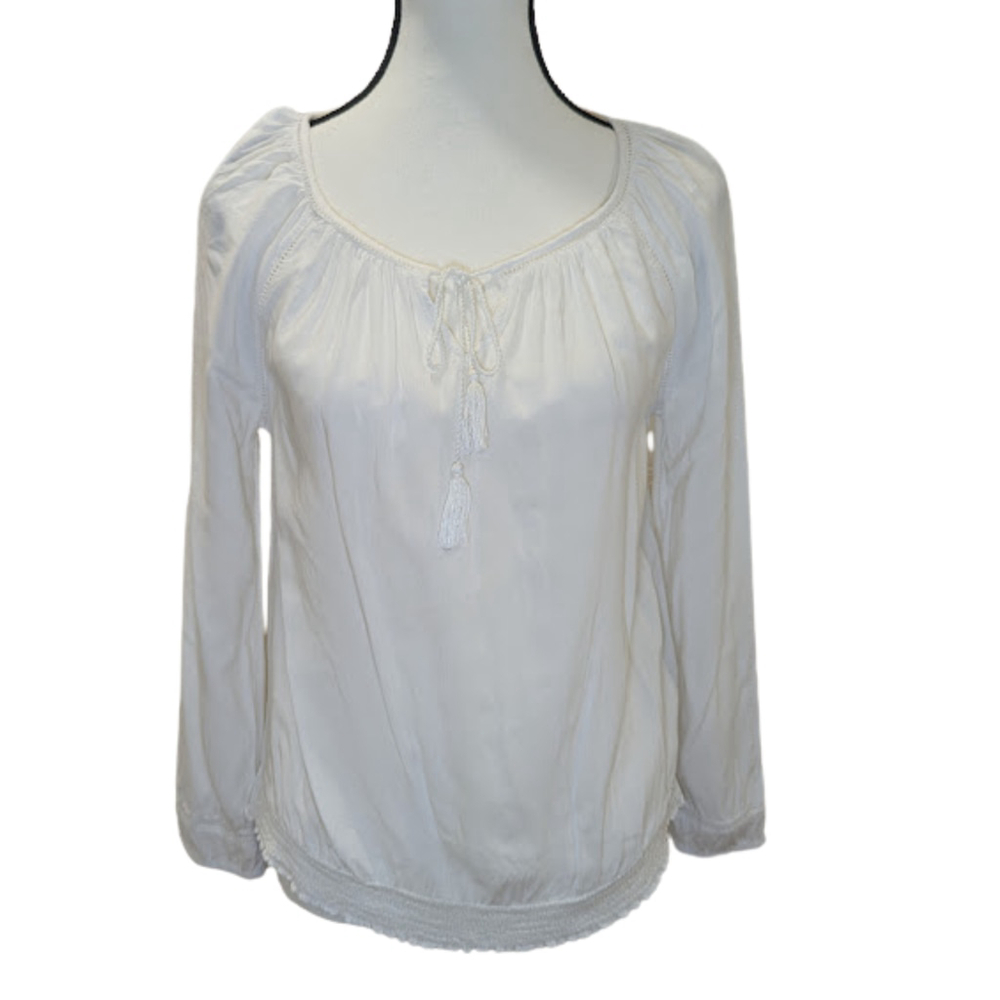 Lucky Brand White Peasant Blouse Boho Coastal Romantic Tassel Tie Top S